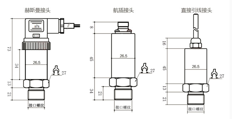 压力变送器采用扩散硅压力芯体作为敏感元件,内置进口高性能芯片电路将传感器信号转换成标准电压、电路、数字信号输出,可直接与计算器、显示仪表、PLC系统和DCS系统连接。产品安装方便,性能稳定。 产品特点 抗过载、抗冲击、抗干扰 使用性广,稳定性高,使用寿命长 防护等级高,满足多种场合使用 防浪涌,反向极性保护 小巧精致,安装方便